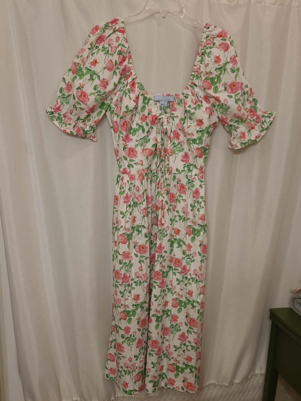 Hill House Rose-Print Midi Dress in Pink and Green